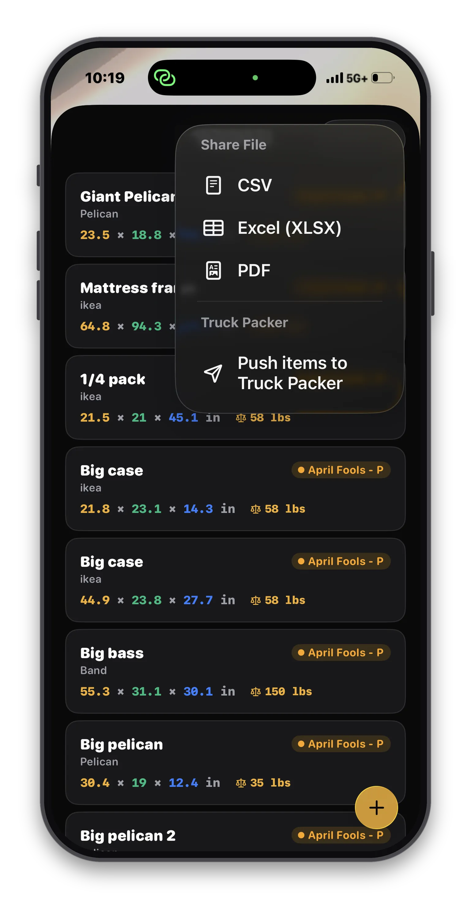 Cargo Measure AR share menu with CSV, Excel, PDF, and push to Truck Packer options