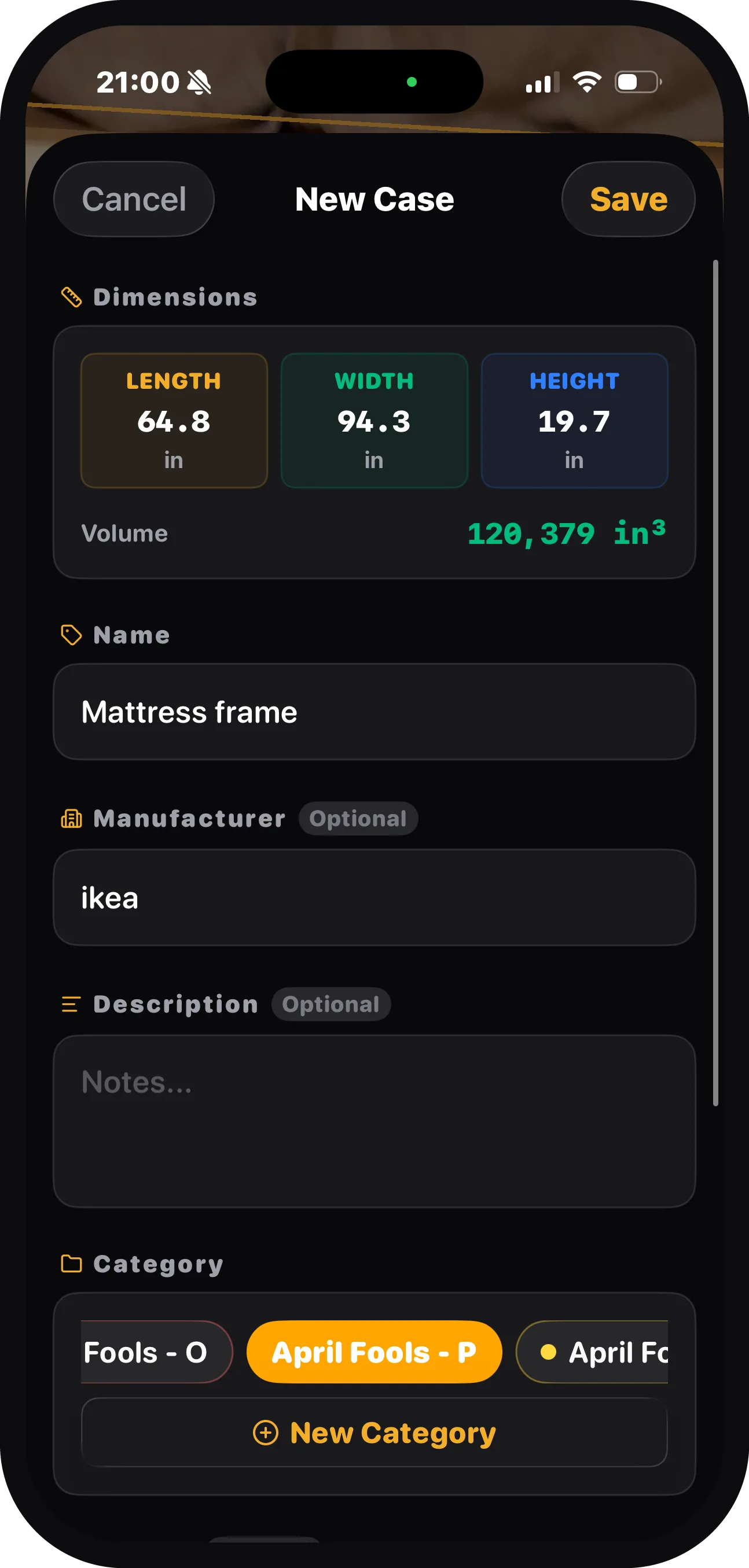 Cargo Measure AR manifest view with measured items