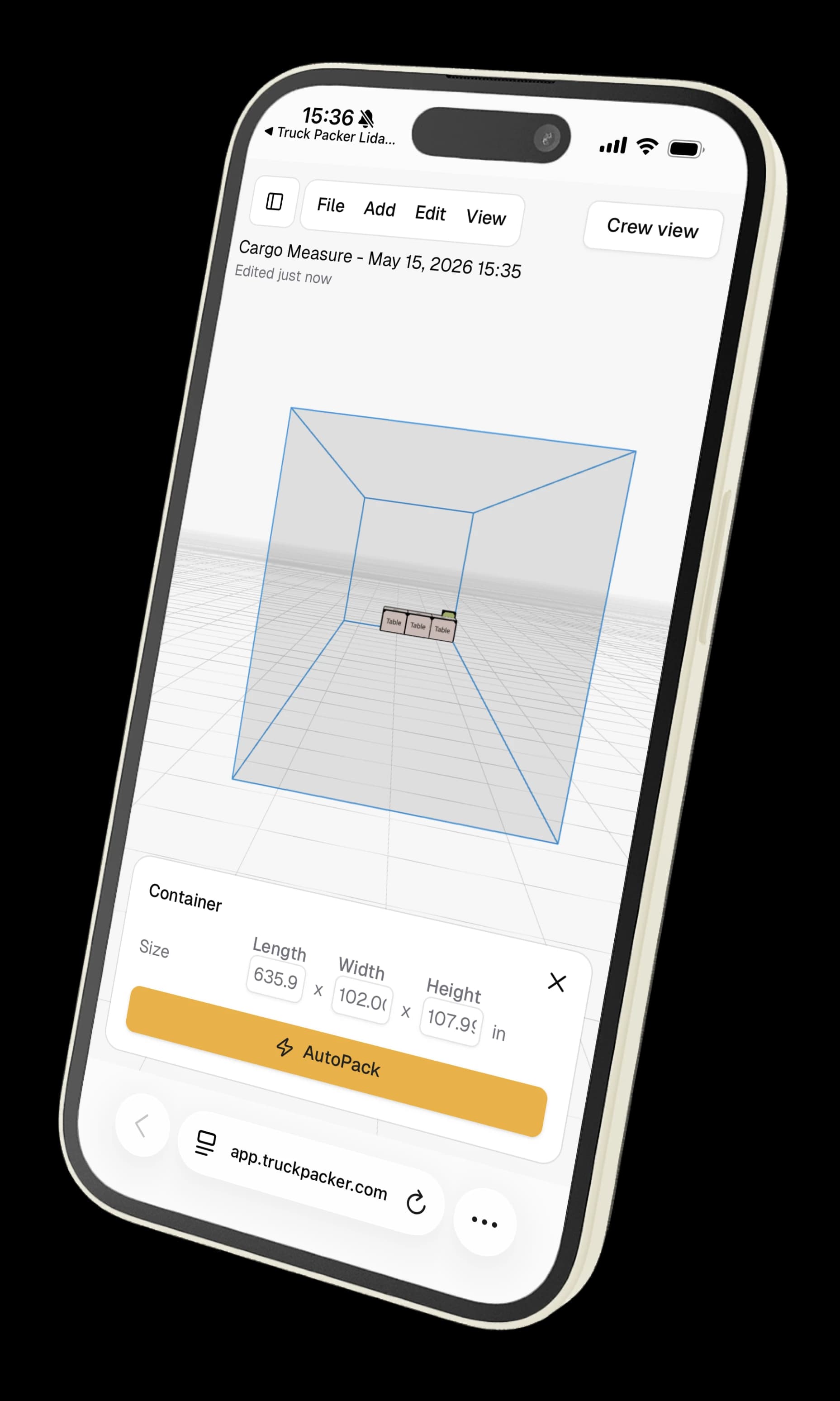 Cargo Measure AR export view showing a measured case placed inside a Truck Packer trailer