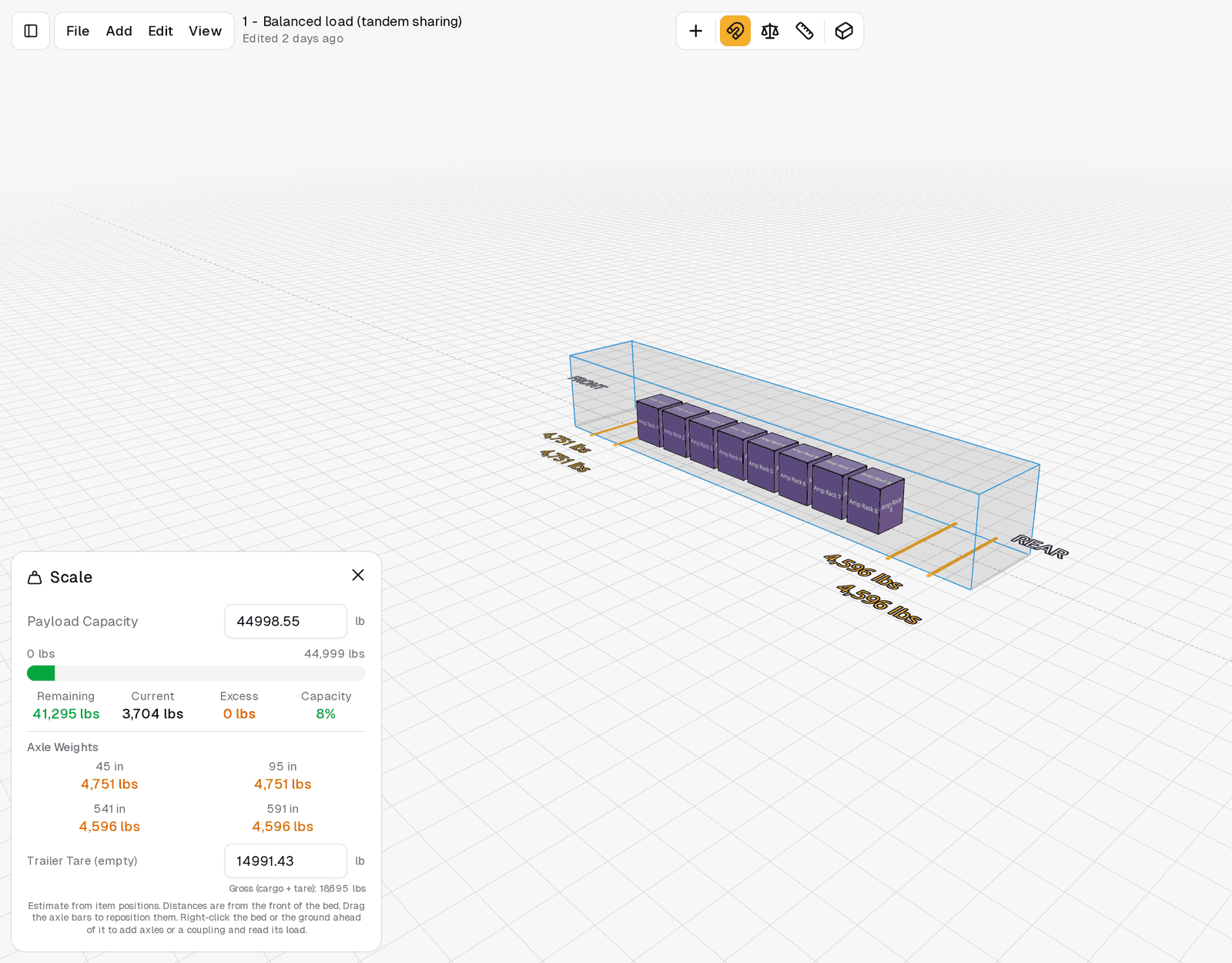 Truck Packer prototype showing eight amp racks on a 636 inch trailer bed with live per-axle weight labels and an open Scale panel