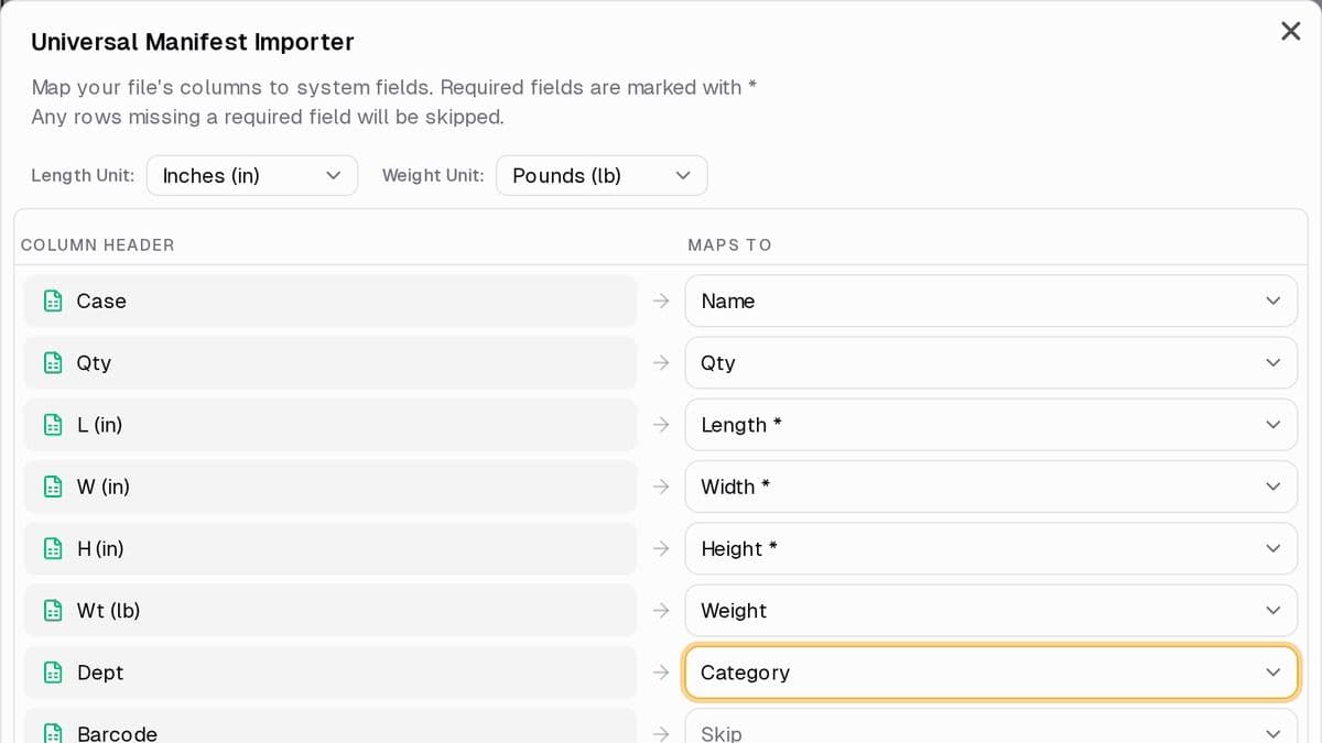 The Universal Manifest Importer mapping a pull sheet's columns to Name, Qty, Length, Width, Height, Weight and Category