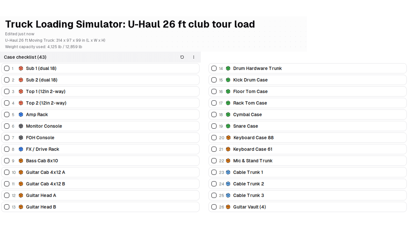 Truck Packer crew view case checklist for the U-Haul 26 ft load, numbered in load order