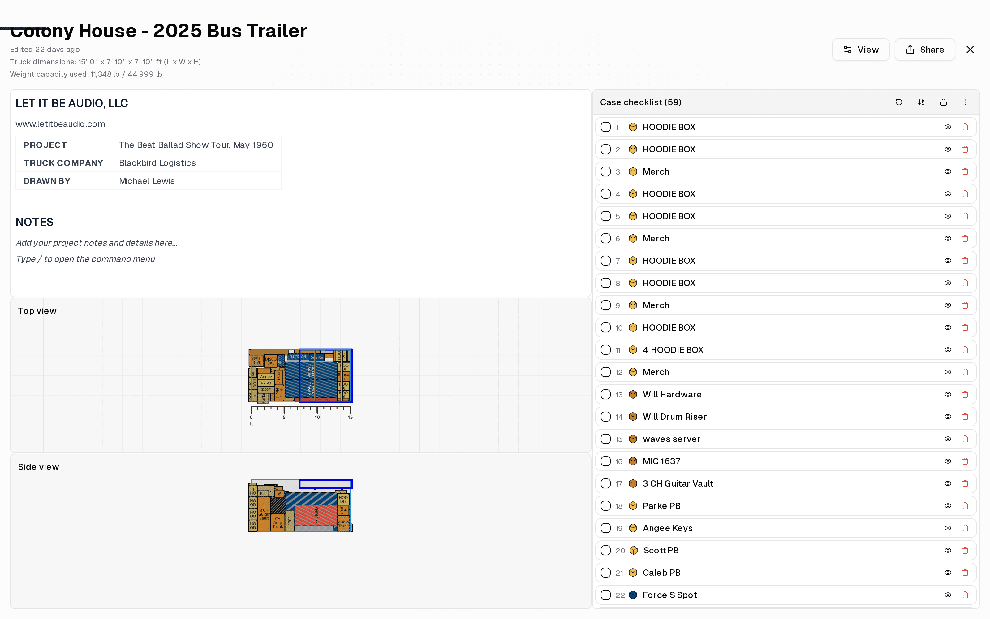 Truck Packer Crew view showing the title block, top and side load diagrams, and the numbered case checklist